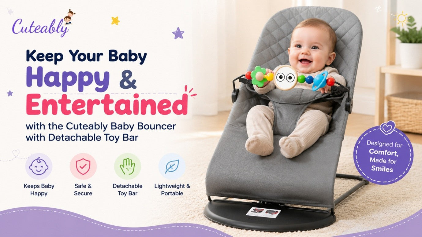 Keep Your Baby Happy & Entertained with the Cuteably Baby Bouncer with Detachable Toy Bar