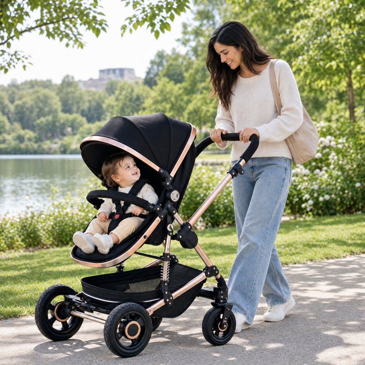 Baby Pram - 3 in 1 Pram Bassinet with Push Chair Set Grey - Cuteably Australia