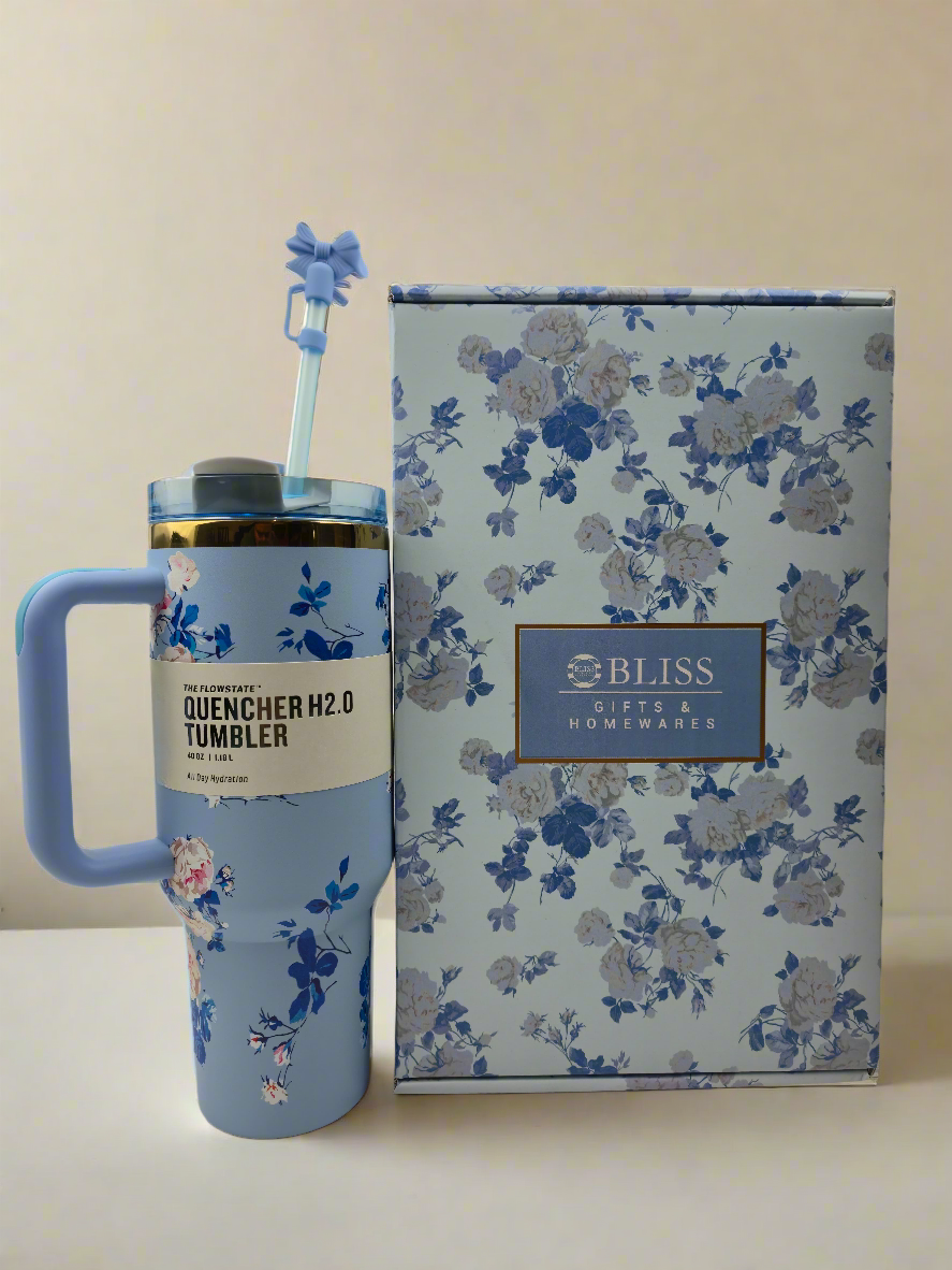 40oz Blue Floral Stainless Steel Tumbler with Handle