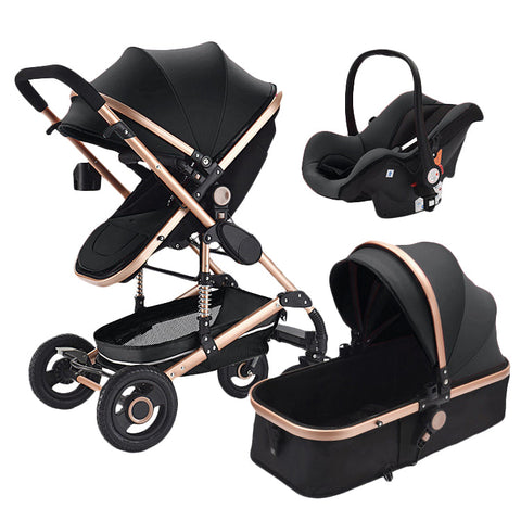 Easy fold black baby pram with storage basket