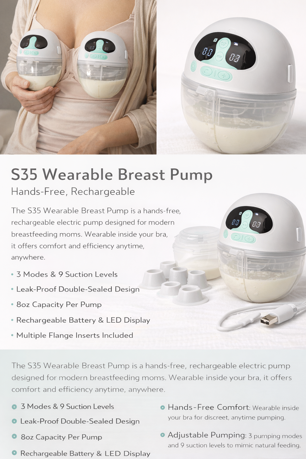 Cuteably S35 Hands-Free Wearable Breast Pump, Wireless Double Electric Pump - Portable Low-Noise Breast Pump (Pack of 2)