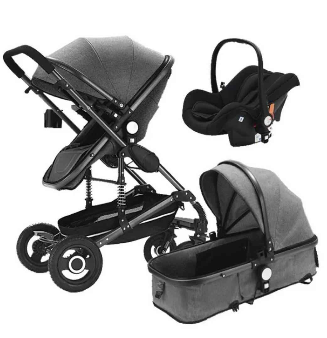 Baby Pram - 3 in 1 Pram Bassinet with Push Chair Set Grey