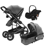 Baby Pram - 3 in 1 Pram Bassinet with Push Chair Set Grey