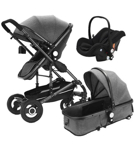 Baby Pram - 3 in 1 Pram Bassinet with Push Chair Set Grey