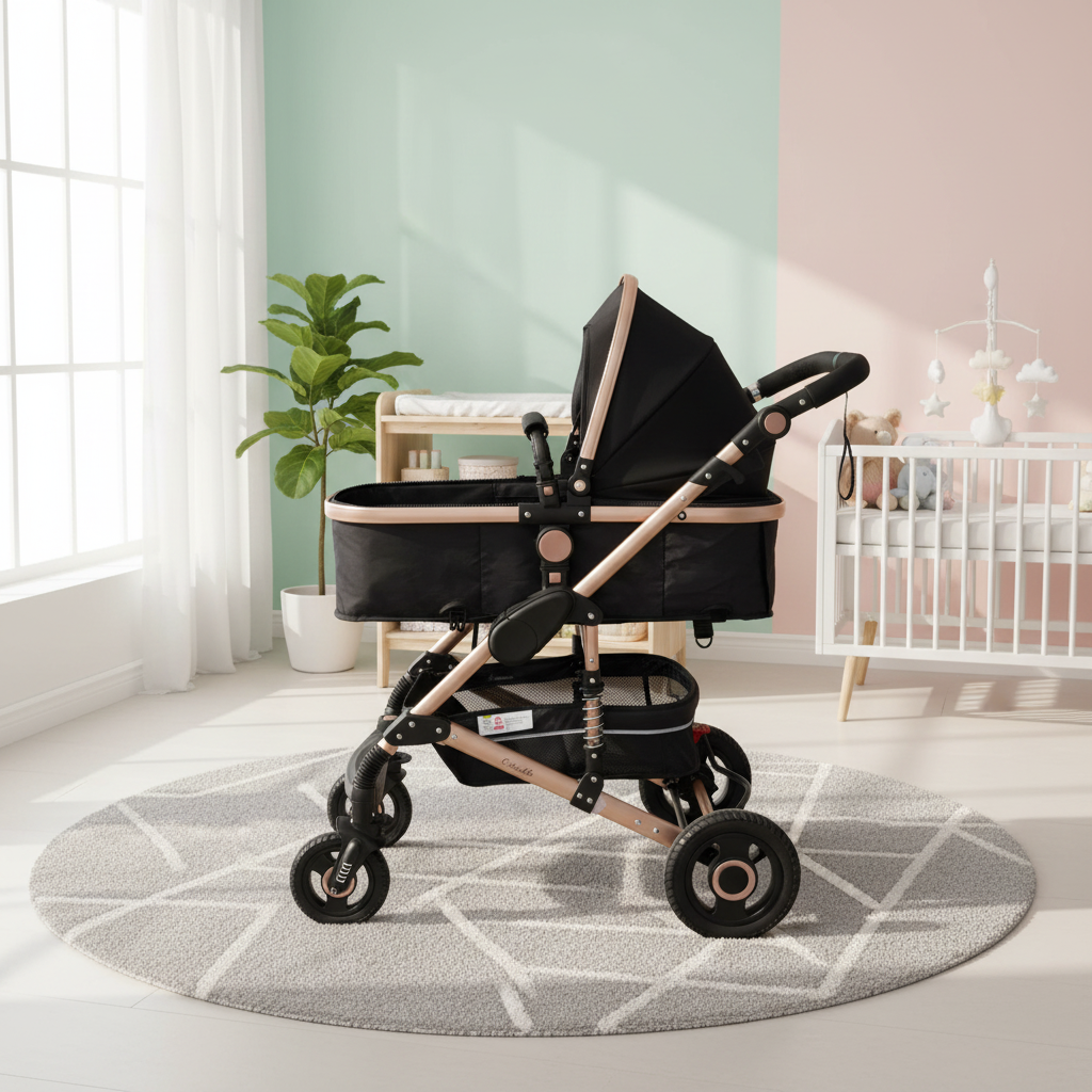 Cuteably® Baby Pram - 9 in 1 Pram Bassinet with Push Chair Set - BLACK