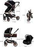 Cuteably® Baby Pram - 3 in 1 Pram Bassinet with Push Chair Set - BLACK
